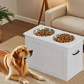 Elevated Dog Bowl With Storage Space White High Feeder - Raised Dog Bowl Stand Large Feeding Station With 2 Pet Bowls