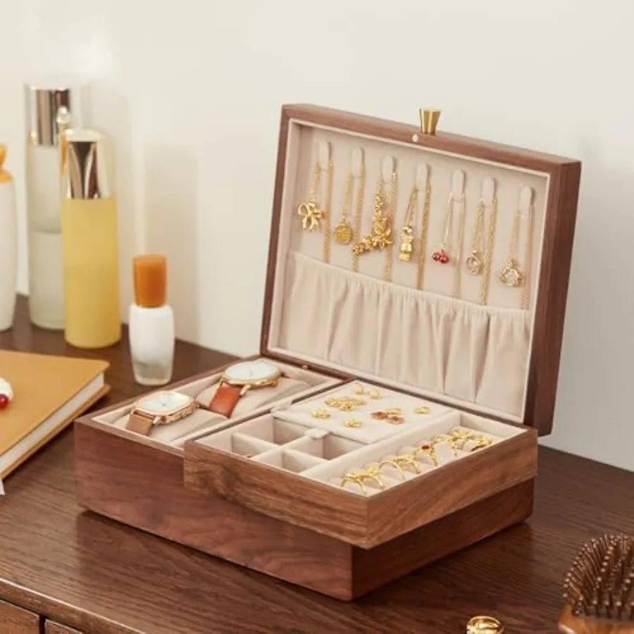 Black Walnut Wooden Jewelry Box for Women 2 Layer Jewelry Organizer with Removable Tray for Watches Rings Earrings Necklace Bra