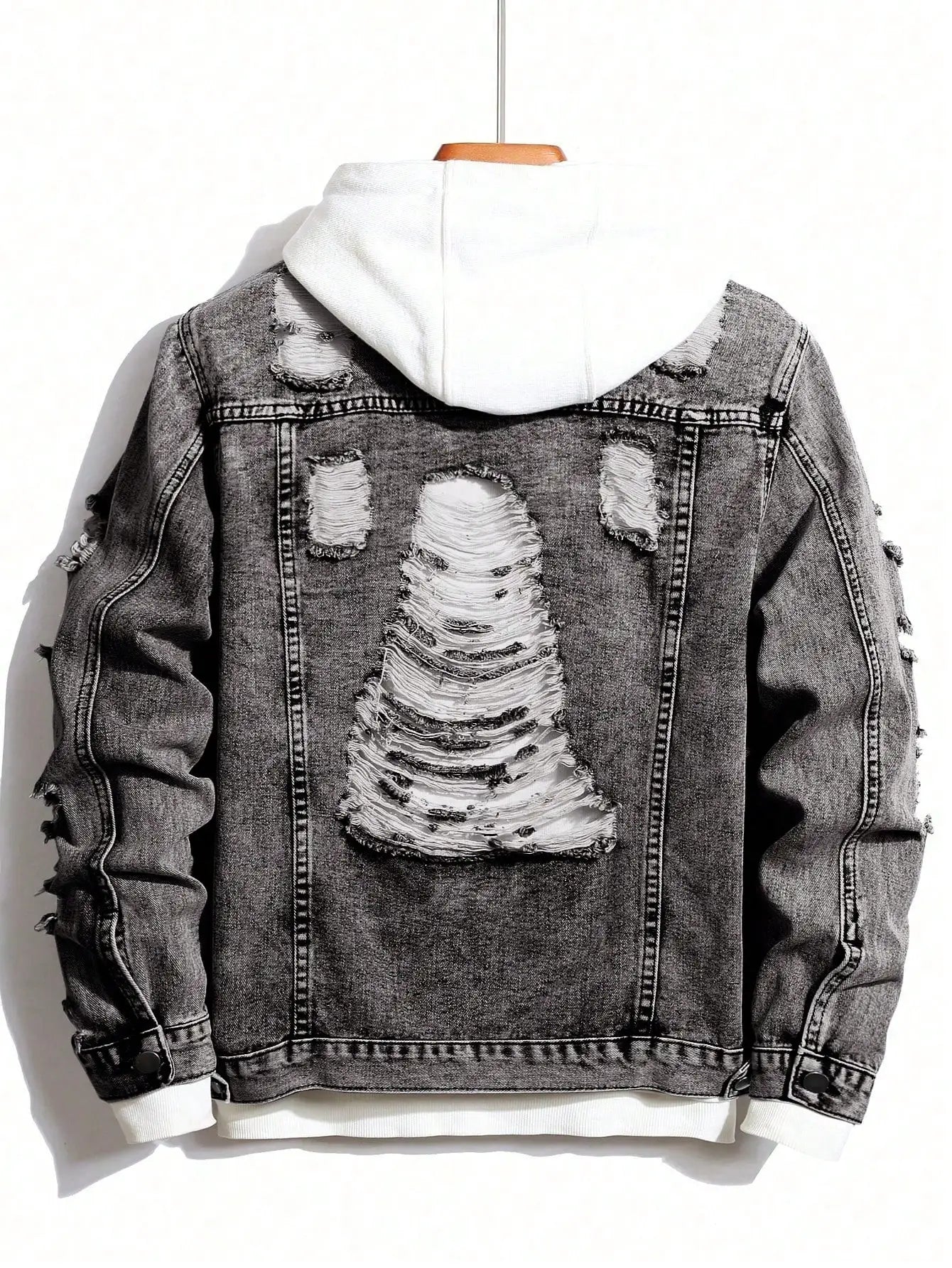 Men's Distressed Ripped Denim Jacket with Button Front, Casual Long Sleeve