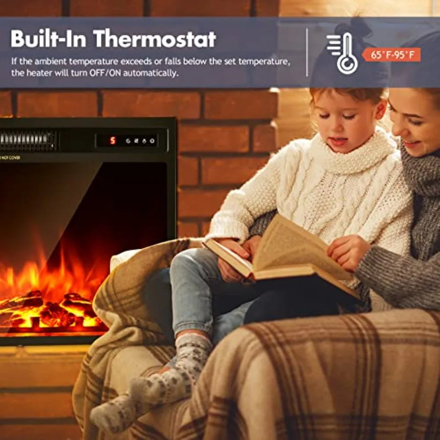 18 Electric Fireplace Insert Heater Wall Recessed/Mounted Fire Places Electric Fireplace with Remote 2 Modes Heat 9H Timer 5 Br