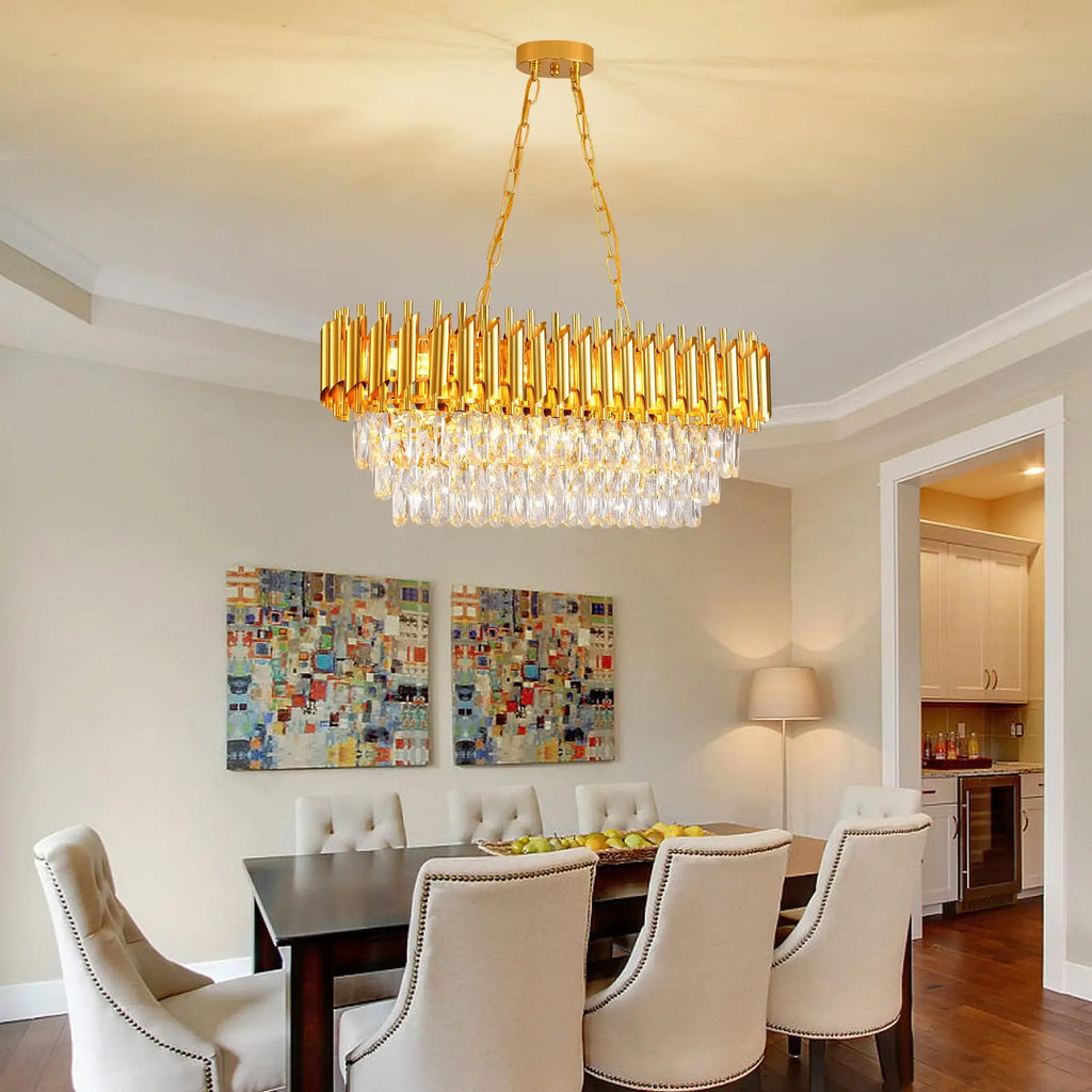 Modern Crystal Chandeliers 3-Tier K9 Oval Crystal Chandeliers Light Fixture Rectangle Gold Crystal Chandeliers Ceiling Light Fix