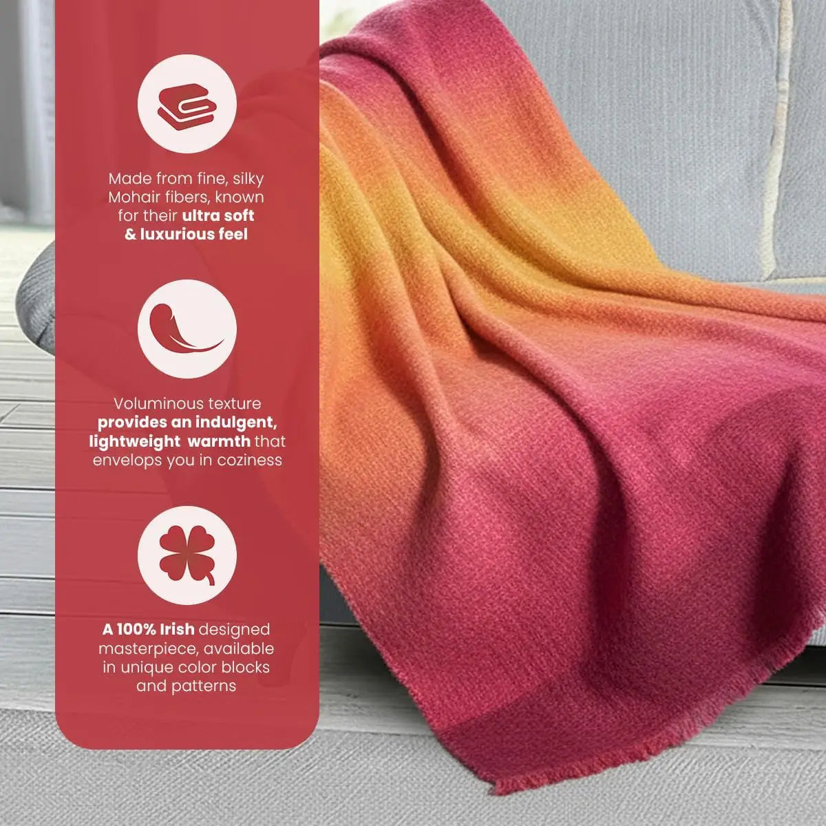 Ultra Soft Irish Mohair & Wool Throw Blanket, Made in Ireland, 54"x72", Pink Yellow Purple Multi Mix