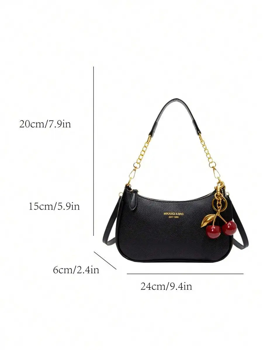 Black Pebbled PU Crescent Shoulder Bag with Gold Chain & Cherry Charm
