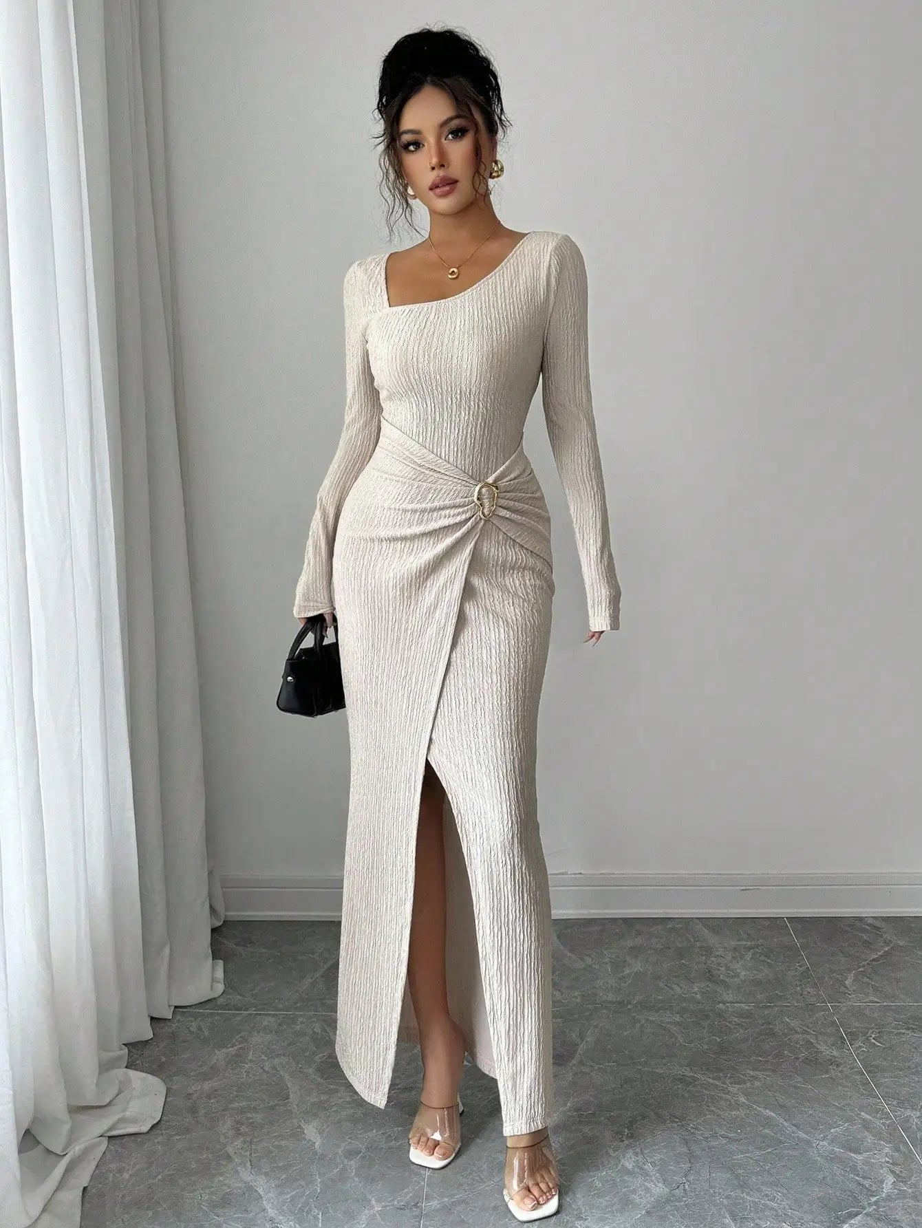 Women's Solid Color Fashion Solid Color Twisted Long Dress ,Asymmetrical -Neck Knitted Texture Tight Bodycon,