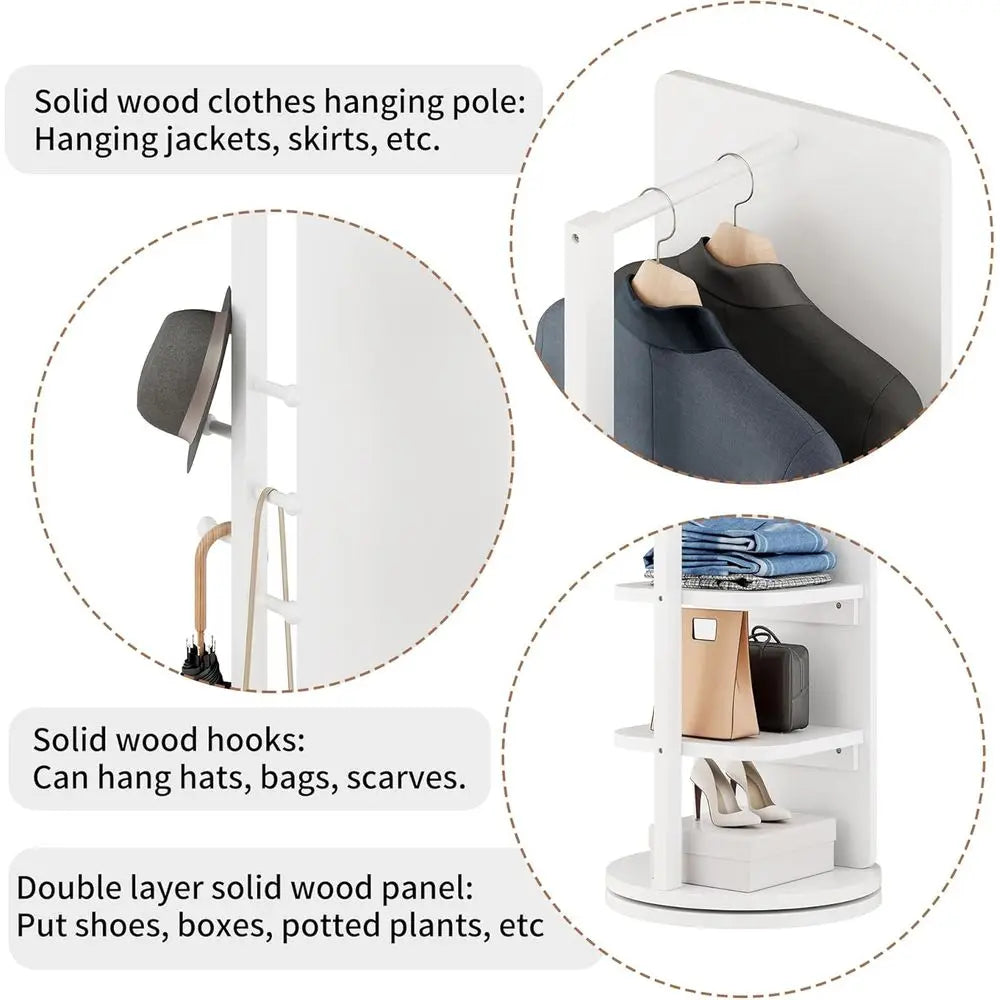 Full Length White Wooden Rotating Mirror Coat Rack with Storage Hanger and Shelves for Home