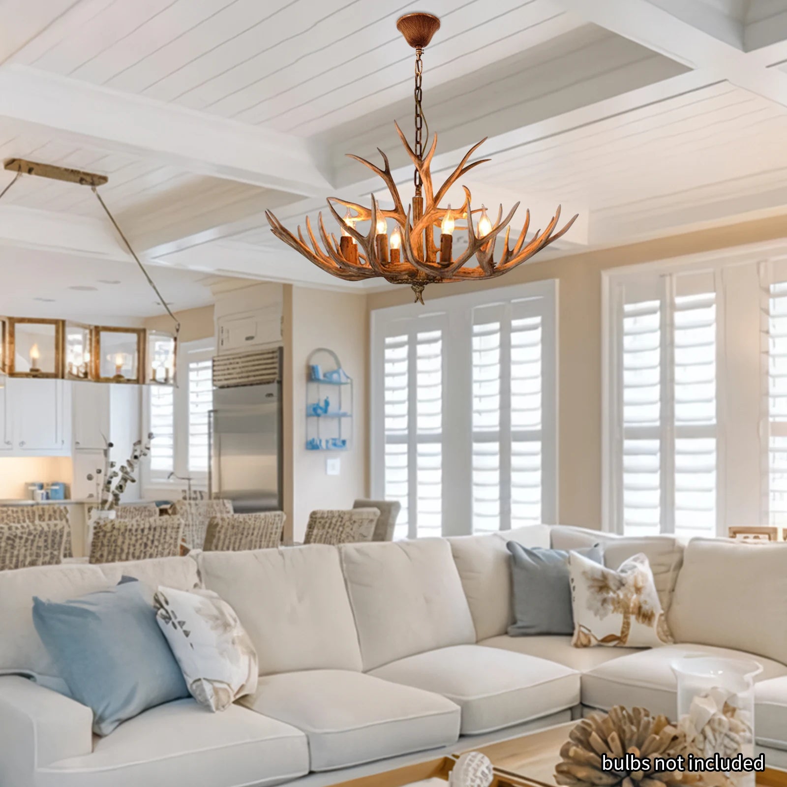 6 Heads Vintage Resin Deer Horn Antler Candelabra Light Chandelier Ceiling Pendant Lamp Home Decoration Lighting