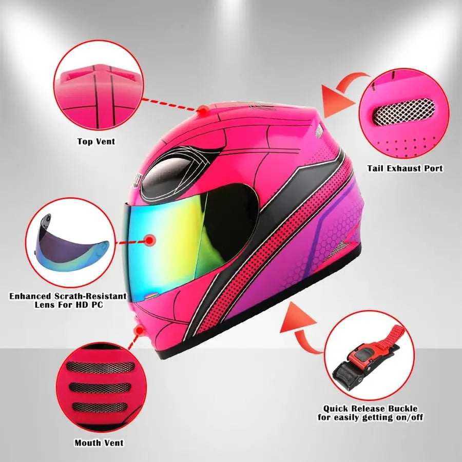 Youth Motorcycle Full Face Helmet Street Bike BMX MX Kids Spider Pink MX Skeleton Glove Bundle