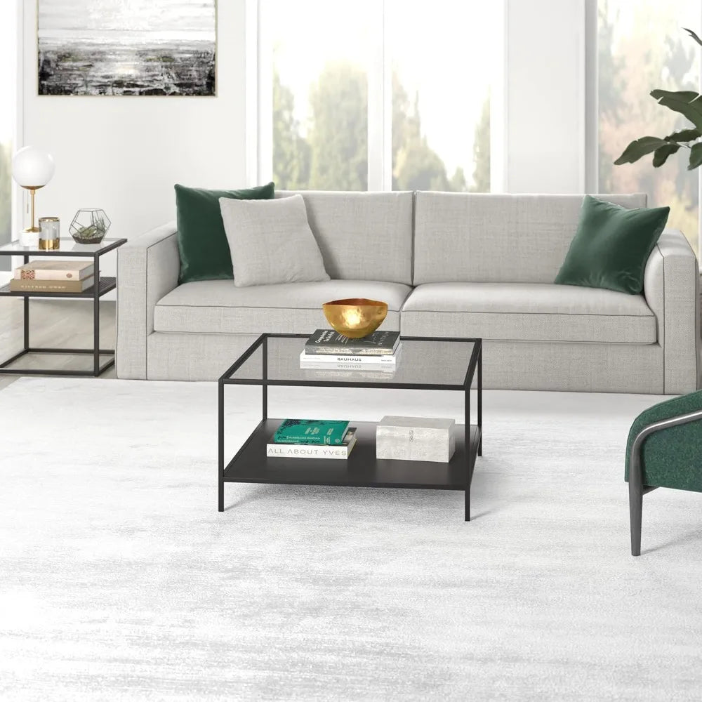 Square 32 Wide Coffee Table with Metal Shelf in Blackened Bronze, Modern coffee tables for living room, studio apartment.