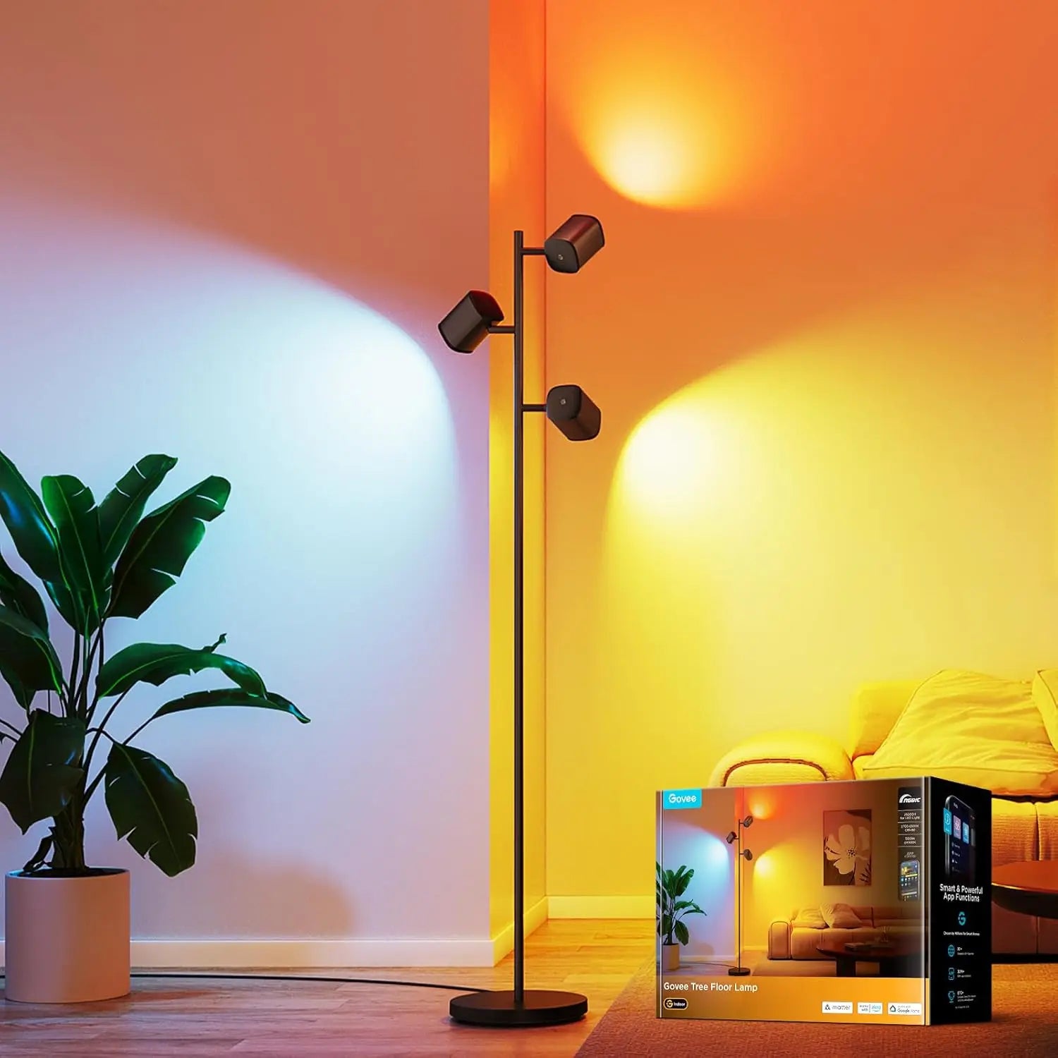 Smart Tree Floor Lamp with Matter, 3 Rotatable Lights, 64 Dynamic Scenes, Music Sync for Living Room