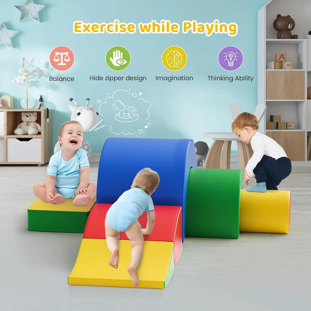 Foam Climbing Blocks, Soft Climbing Toys for Toddlers, 5 Pieces Crawl and Climb Foam Playset with Foldable Block and Tunnel, Ind