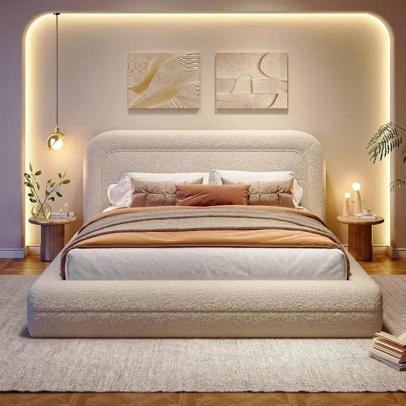 Bed Frame with Headboard, Upholstered Cloud Bed Frame, Anti-Collision Soft Rounded Corners, Boucle Platform Bed for Customized