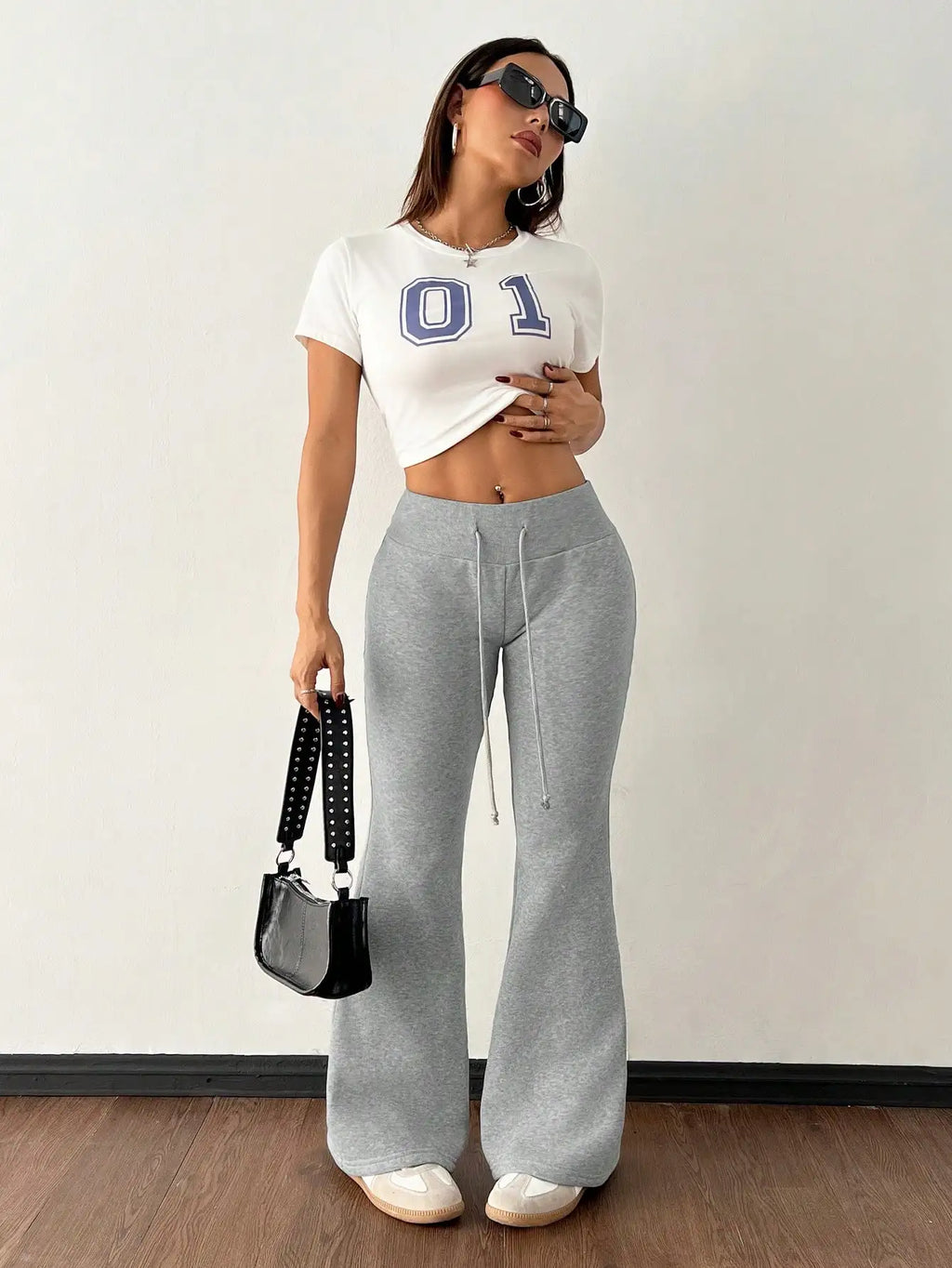 Plus Size Flared Sweatpants with Thermal Lining, Low Waist Drawstring, Casual Winter Pants for Women
