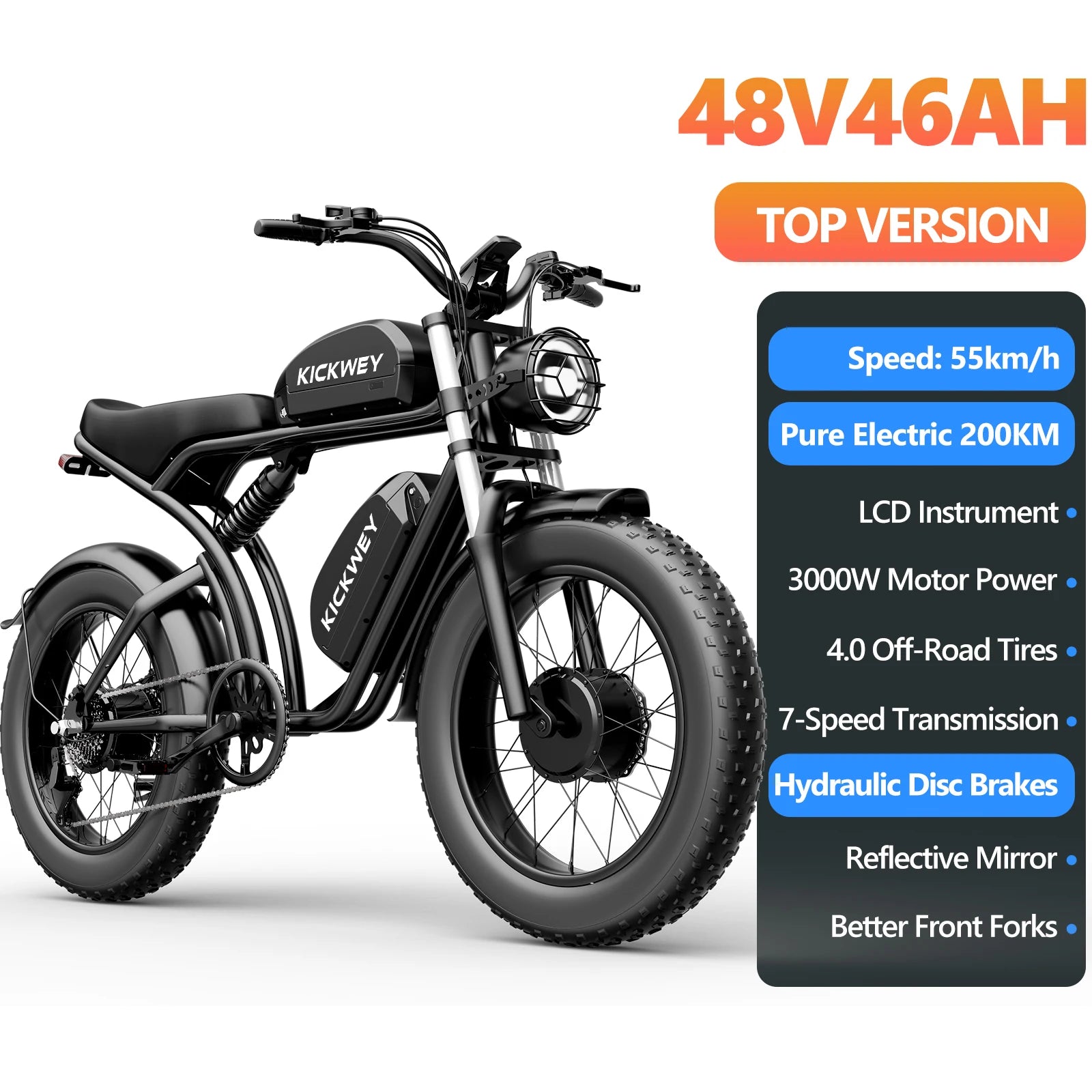Kickwey K7 Adult Electric Bicycle 1500w 48V23ah Ebike 46km/h Mountain Electric Bike 20" Fat Tire Dirtbike Motorcycle E Bike
