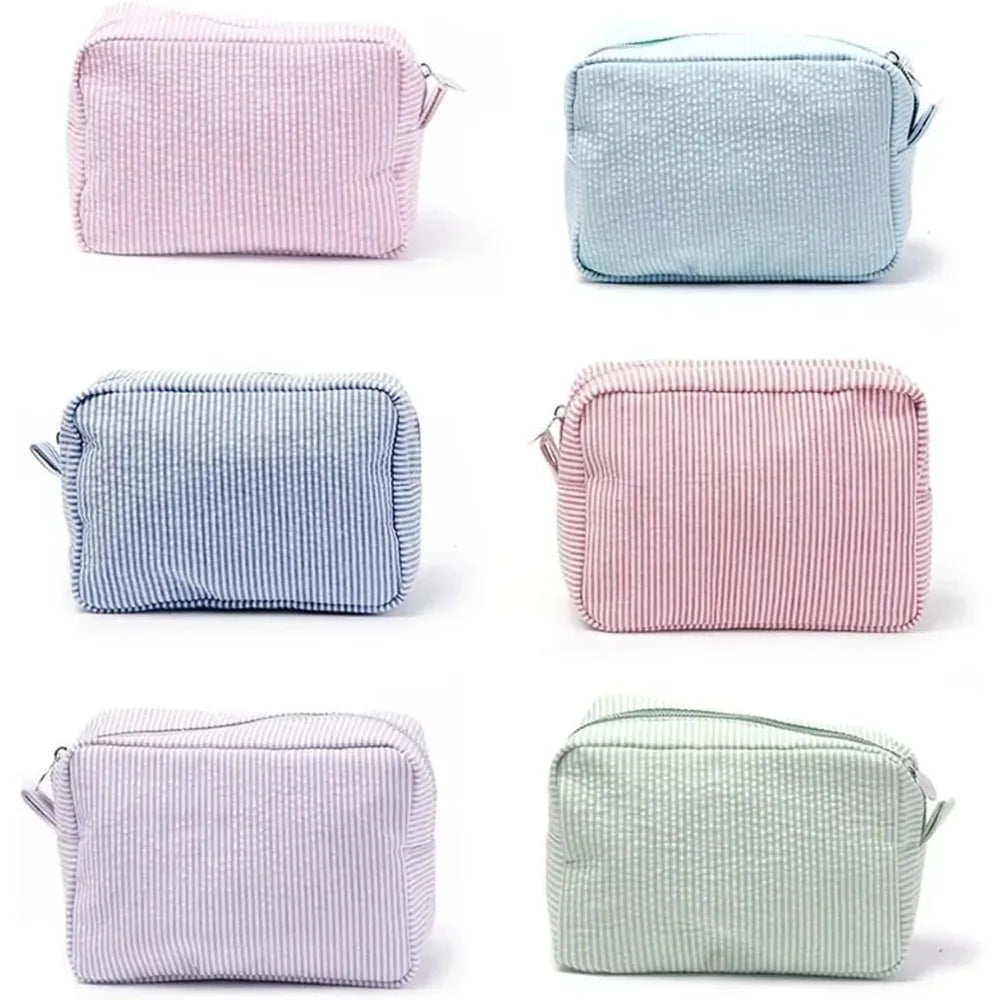 Seersucker Ruffle Cosmetic Bags Striped Storage Make Up Bags for Women Lady with Zipper Travel Bag Makeup Bag