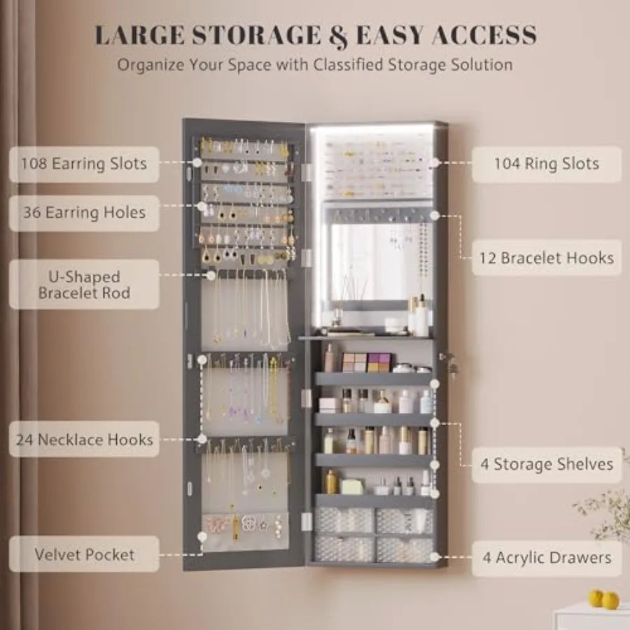 47.2" LED Grey Jewelry Mirror Cabinet Wall/Door Mounted Jewelry Armoire Organizer with Full-Length Mirror Large Capacity Storag