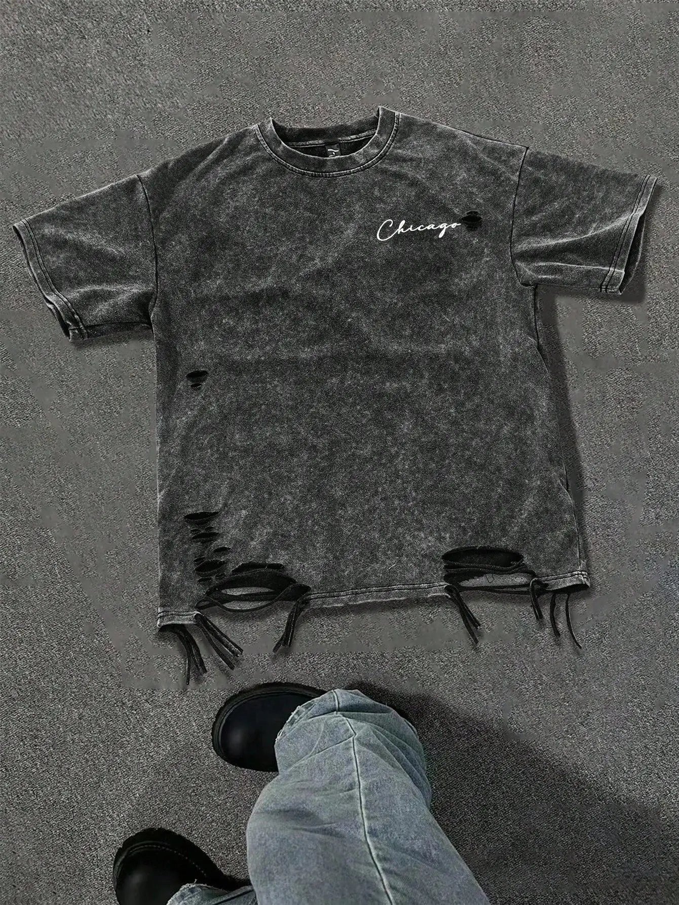 Men's Distressed Ripped Short Sleeve T-Shirt with Letter Print, Loose Fit Casual Tee for Summer