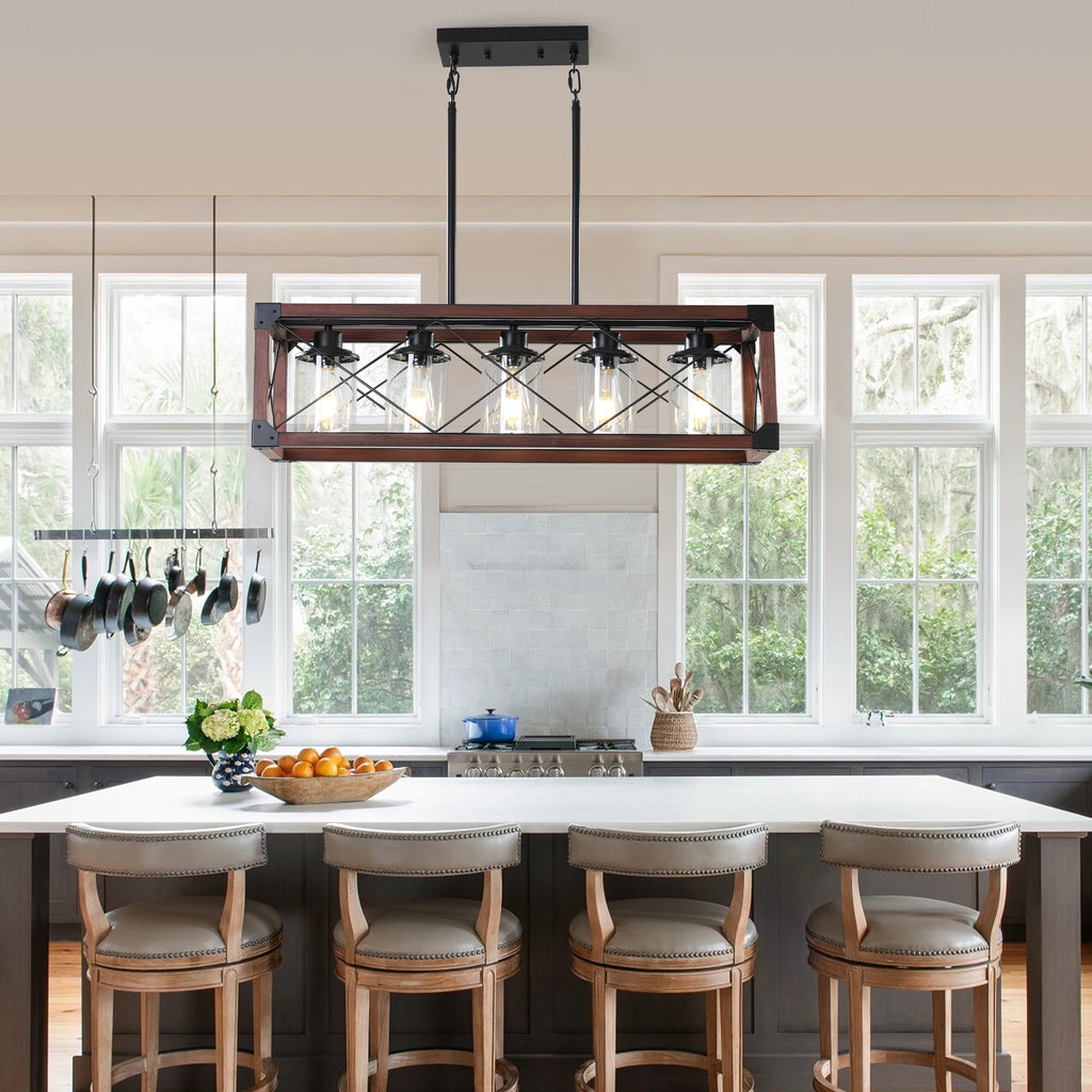 31“Industrial Farmhouse Rectangle Pendant Light - Wood & Iron Metal Frame,Glass lampshade，5-Light E26 Bulb Chandelier (No Bulbs)