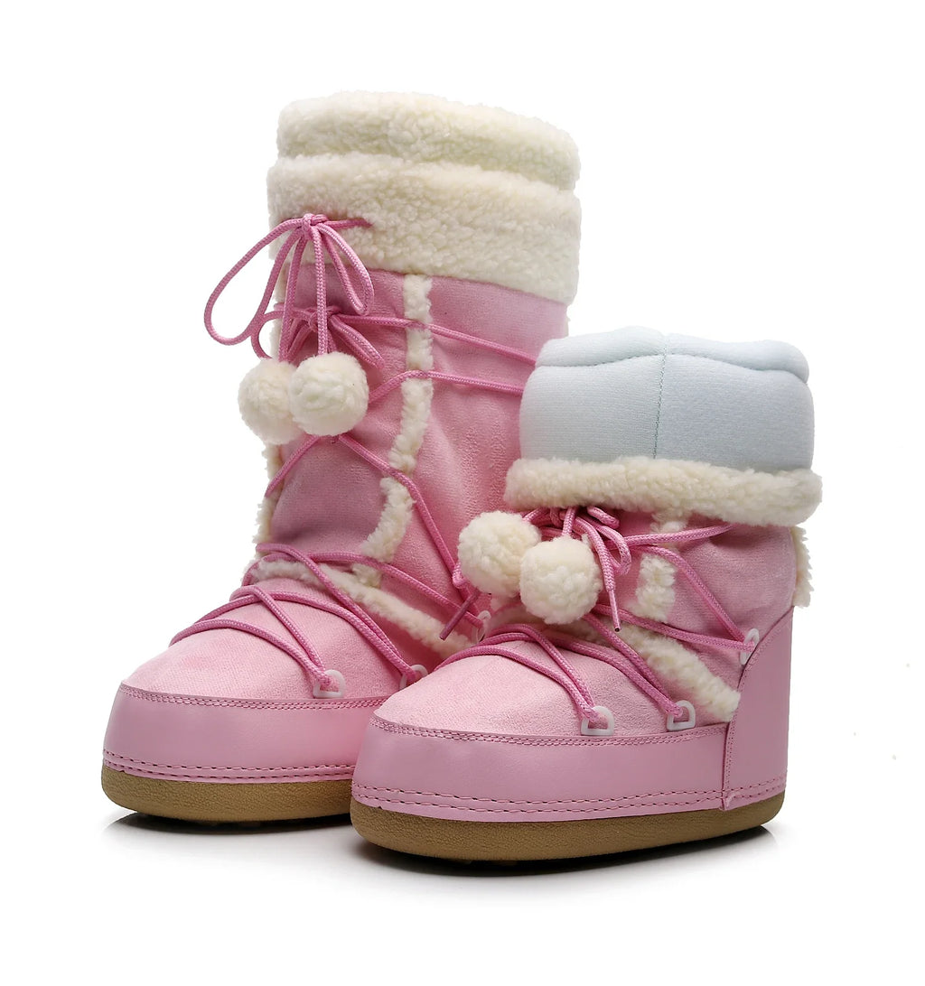 Pink Women Snow Boots Winter Female Boots Thick Outdoor Waterproof non-slip Mid-calf Boots Fashion Warm Fur Woman Winter Shoes