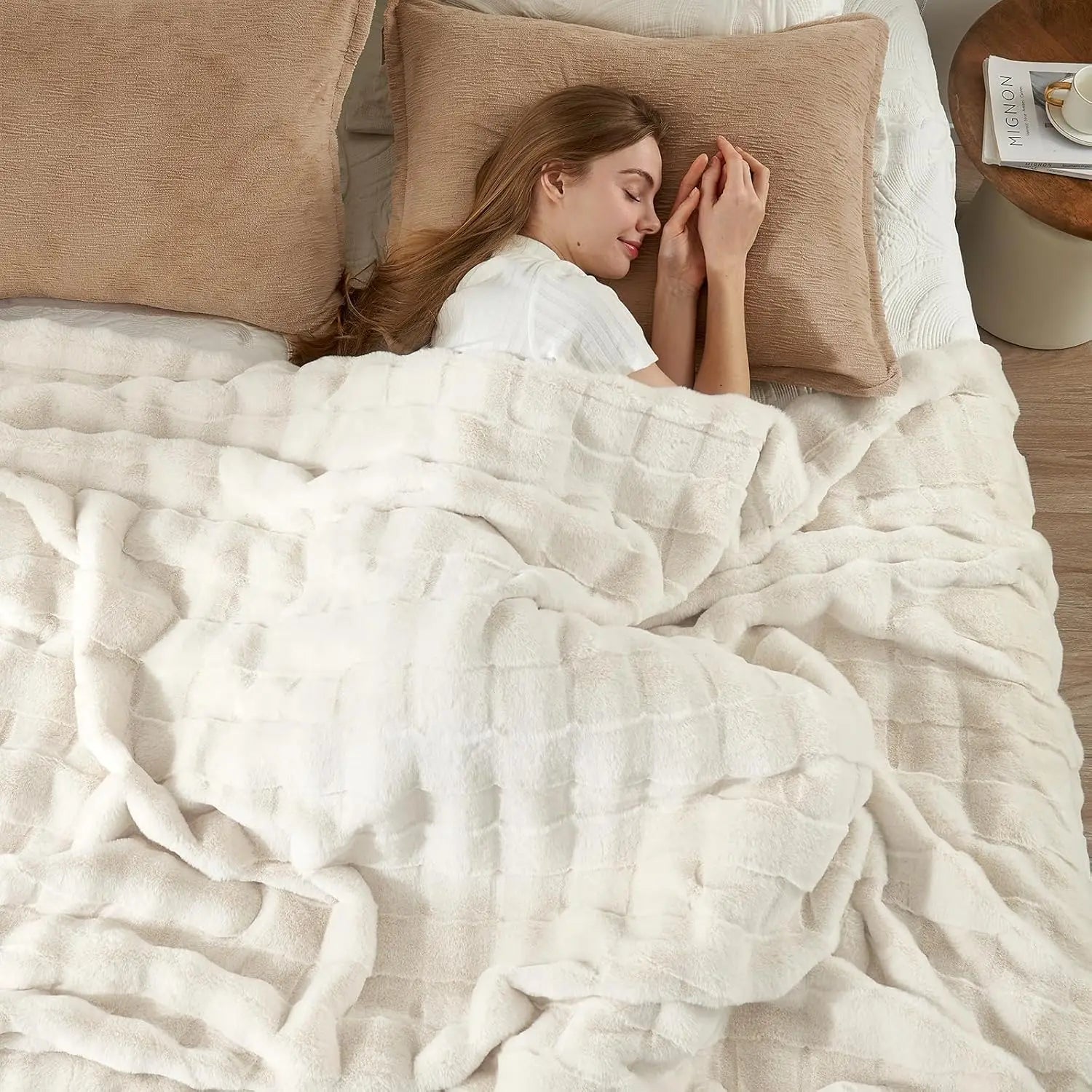 Queen Size Fluffy Faux Fur Blanket, Soft Striped Plush Throw for Bed or Couch, Cream White 90x90 Inches