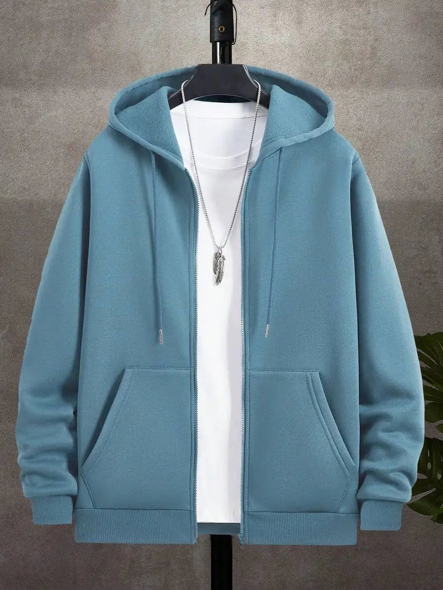 Men's Casual Zip-Up Hoodie with Drawstring, Long Sleeve, Autumn Outdoor Wear