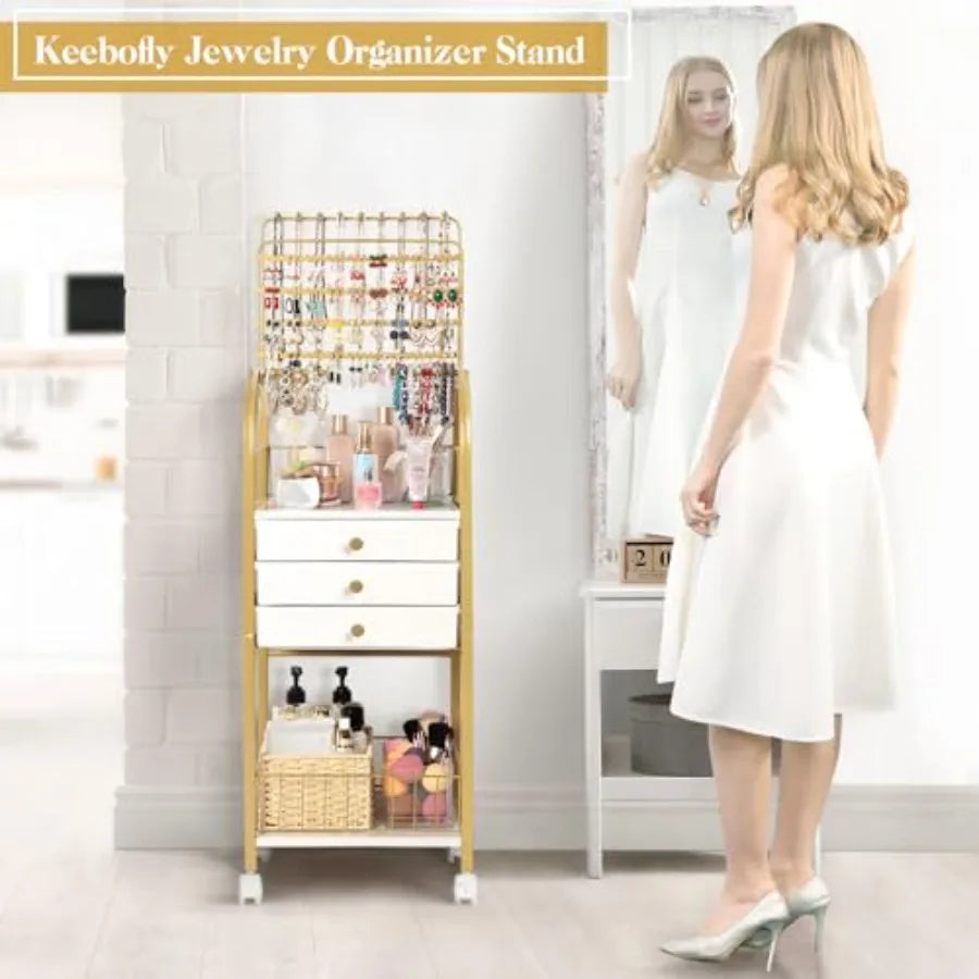 Large Jewelry Organizer Stand with 3 Box Drawer - Necklace Organizer Earring Storage Armoire Holder with Display for Earring Ne