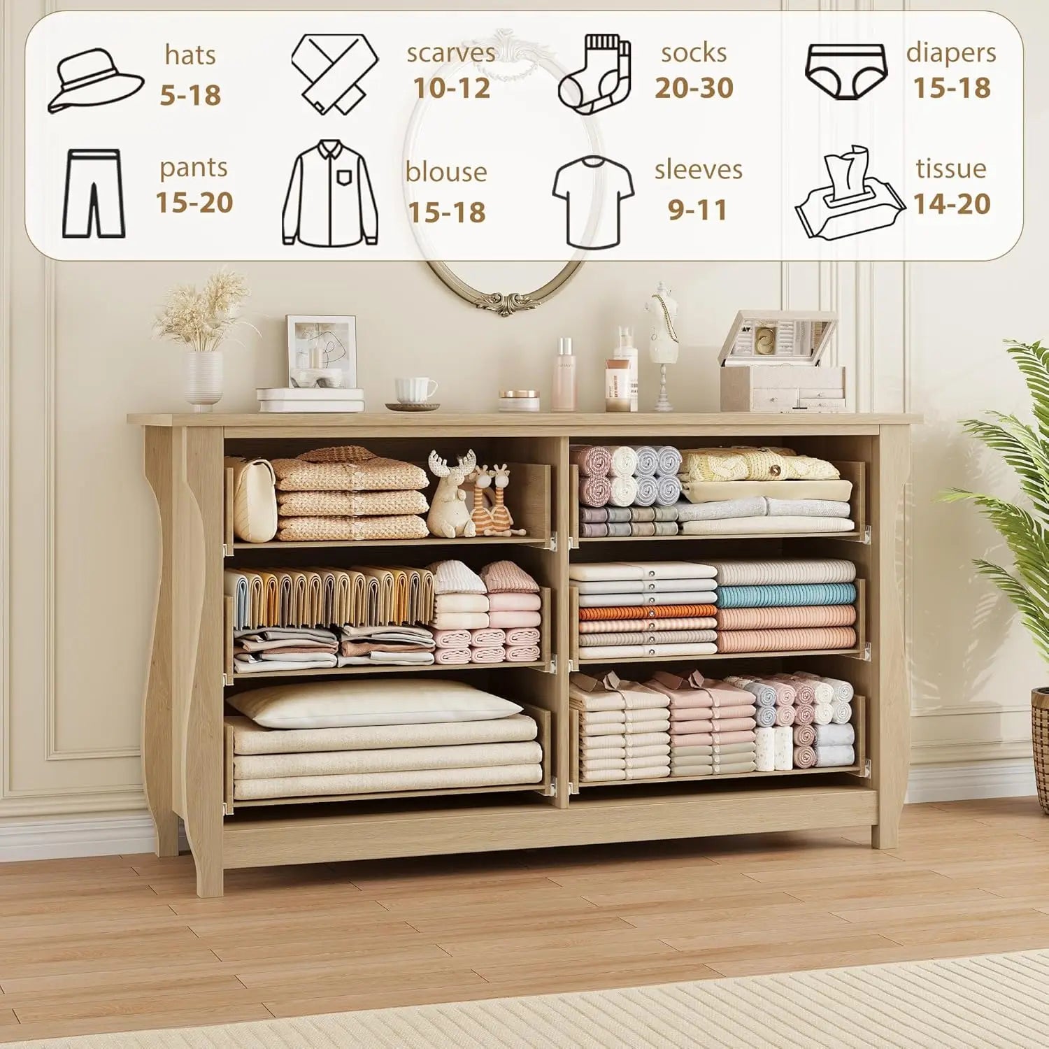 47 in Wide Chest of Drawer Modern Wood 6 Drawer Dresser with Black Ring Pull Handles Storage Organizer for Living Room Bedroom