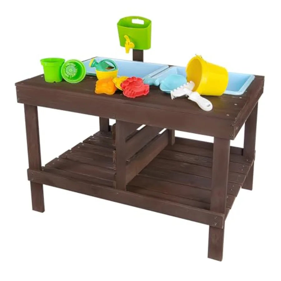 Sand and Water Table for Toddlers | Outdoor Wooden Sensory Sand Table with 2 Plastic Bins, Built-in Water Tap and Beach Toys Inc