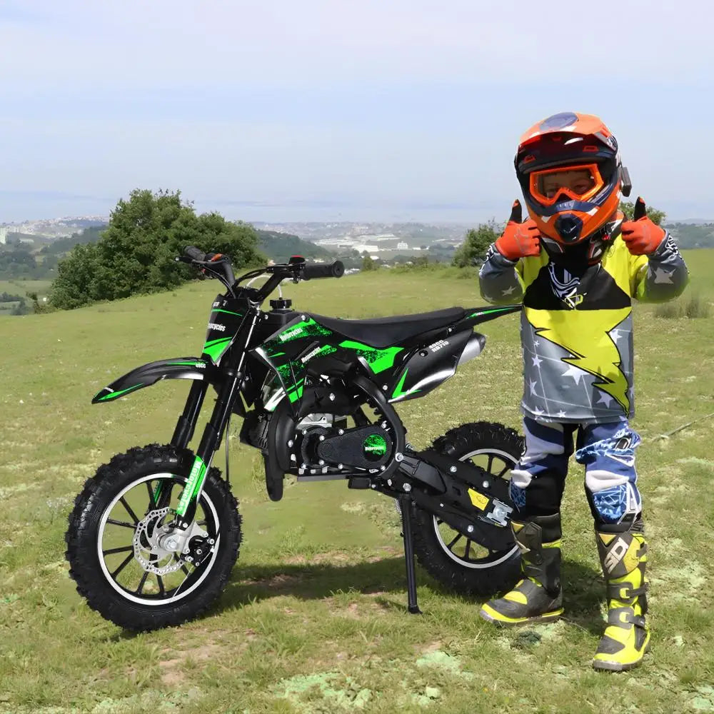 49CC 2-Stroke Gas Powered Motorcycle Mini Kid Dirt Bike With Off-Rode Tire Front Rear Disc Brakes Up To 25 Mph, Max Load 330 LBS