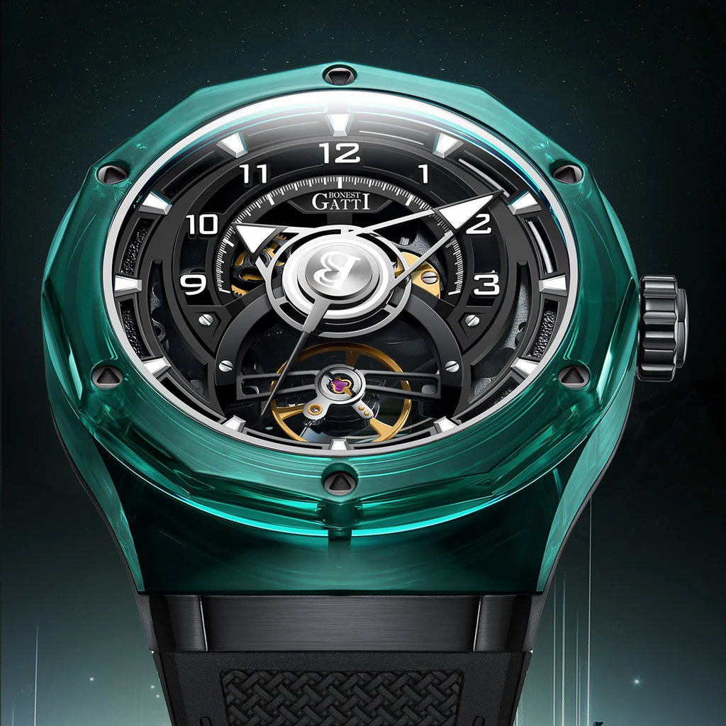 BONEST GATTI men's Watch, fully automatic mechanical watch, skeletonized business sports men's wristwatch with steel strap, Vale