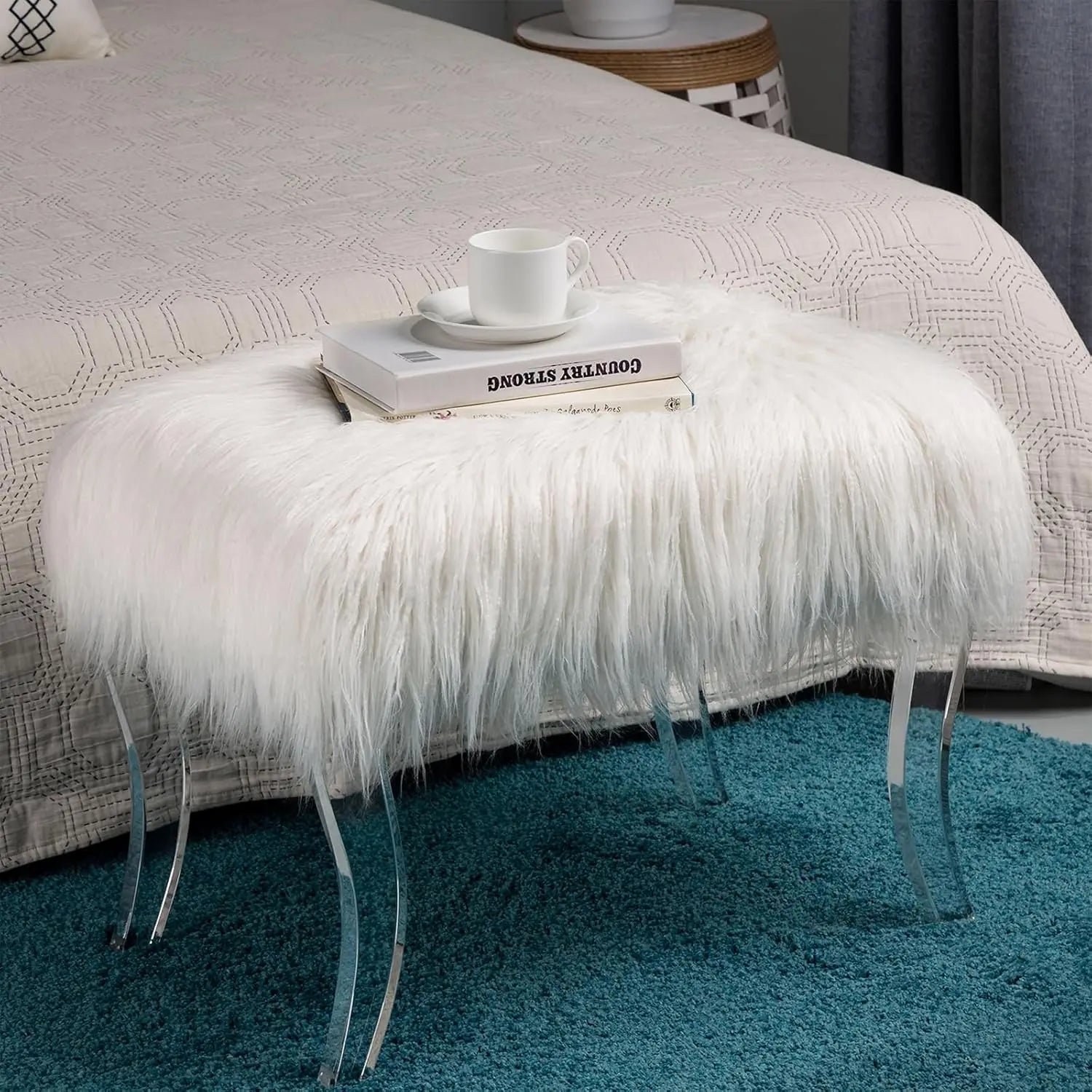 Modern Style White Faux Fur Ottoman Footrest Stool Vanity Stool with Acrylic Legs Accent Bench for Bedroom