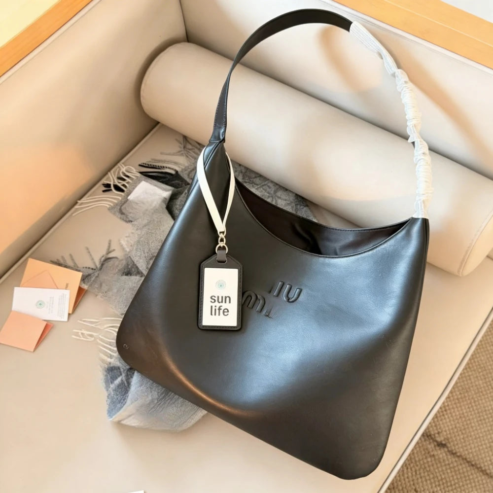 Black Leather Hobo Bag - Trendy Large Capacity Shoulder Bag with Embossed Logo, Fashion Women's Designer Handbag