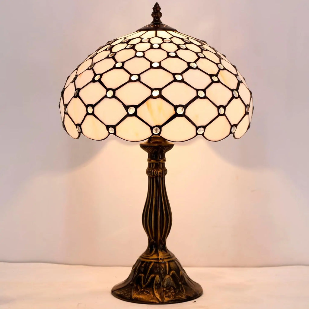 Tiffany Style Table Lamp with Stained Glass Beads, Cream Amber Shade for Bedroom Desk Reading Light 12x12x18 Inches