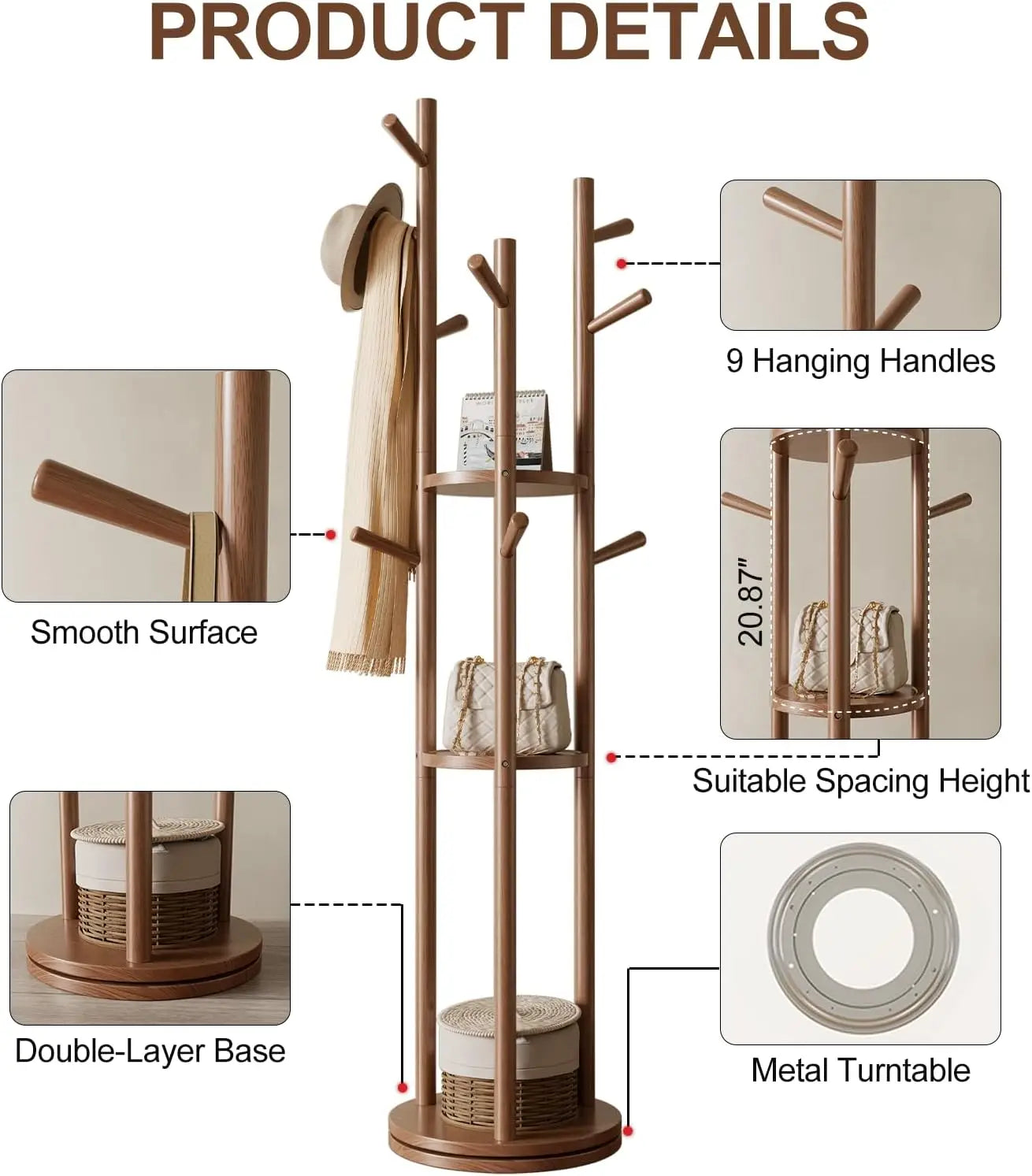 Solid Wood Rotary Coat Rack, Freestanding Coat Rack with 3 Shelves and 9 Hooks, Coat tree for Bedroom, Entryway, Livingroom