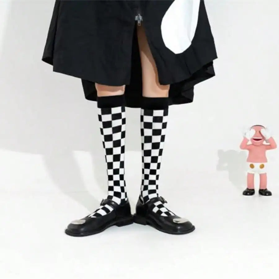 Black and White Checkered Knee High Socks for Women - Cotton Blend, Cute Knit Pattern, Athletic Style