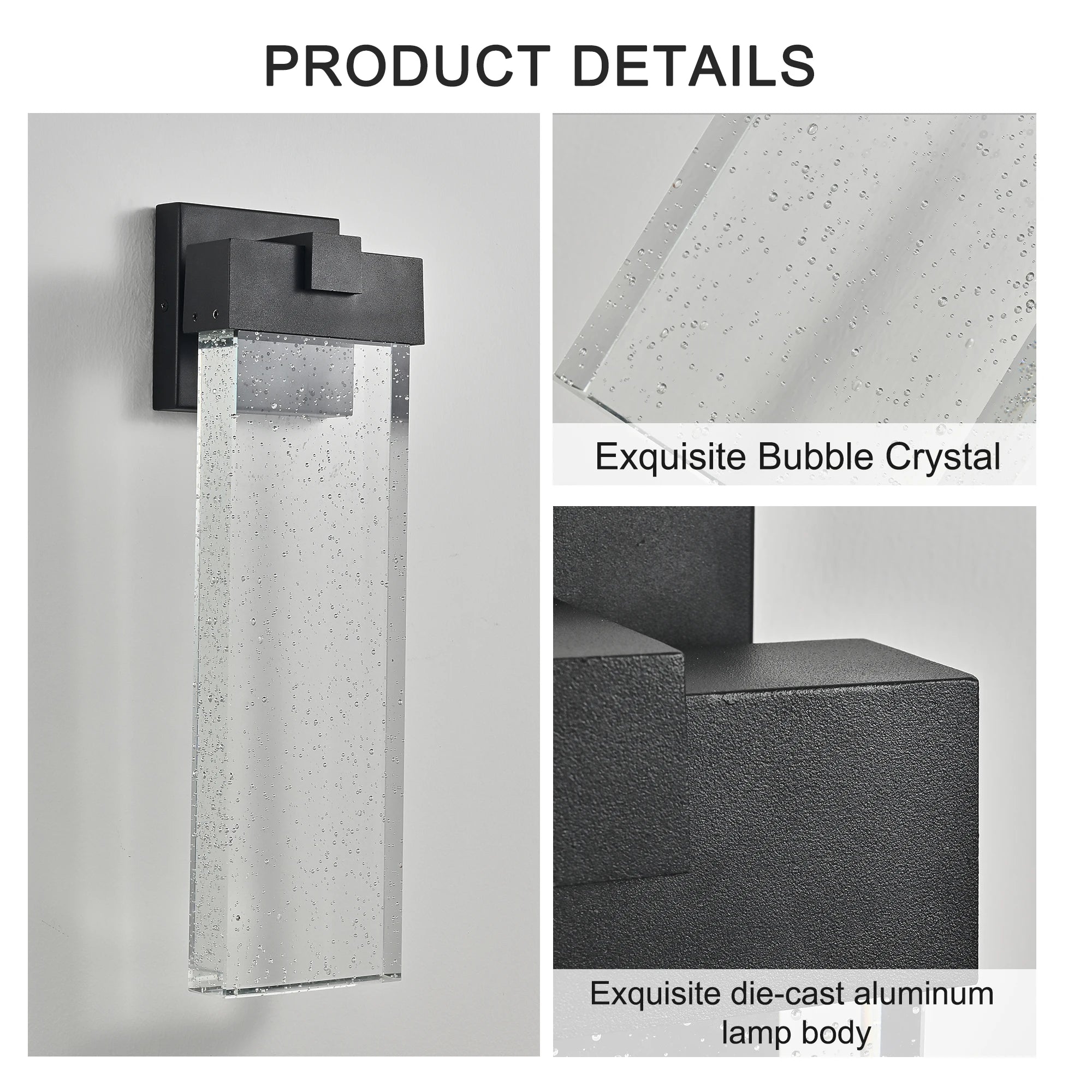 ARLGSITE Modern Outdoor Wall Light Fixture, Weatherproof LED Wall Sconce with Bubble Crystal, Black Finish, Up and Down Lighting