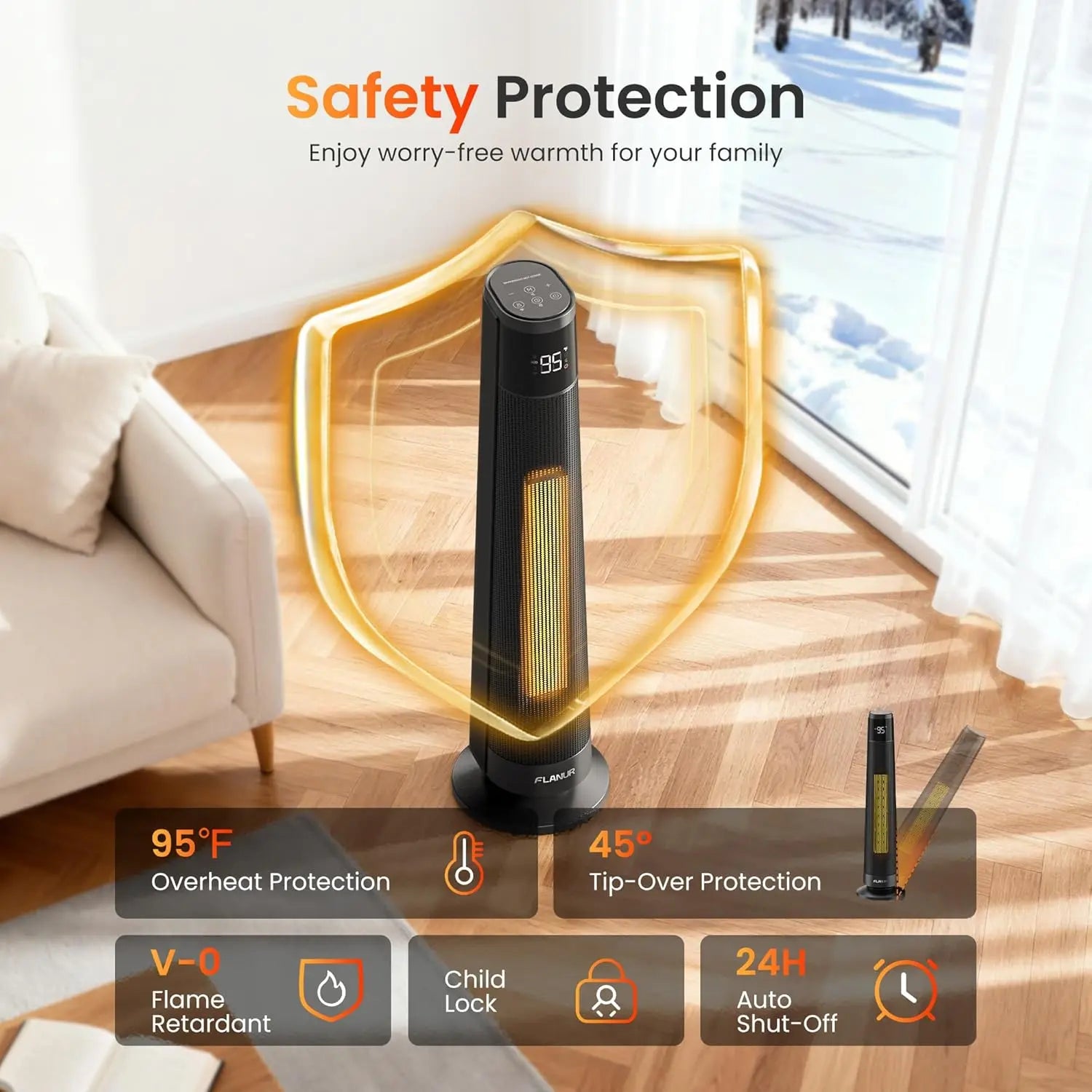 Indoor Electric Space Heaters, 1500W PTC Ceramic Heater with APP & Remote Control, 70° Oscillation for 220 sq.ft, 3 Heat