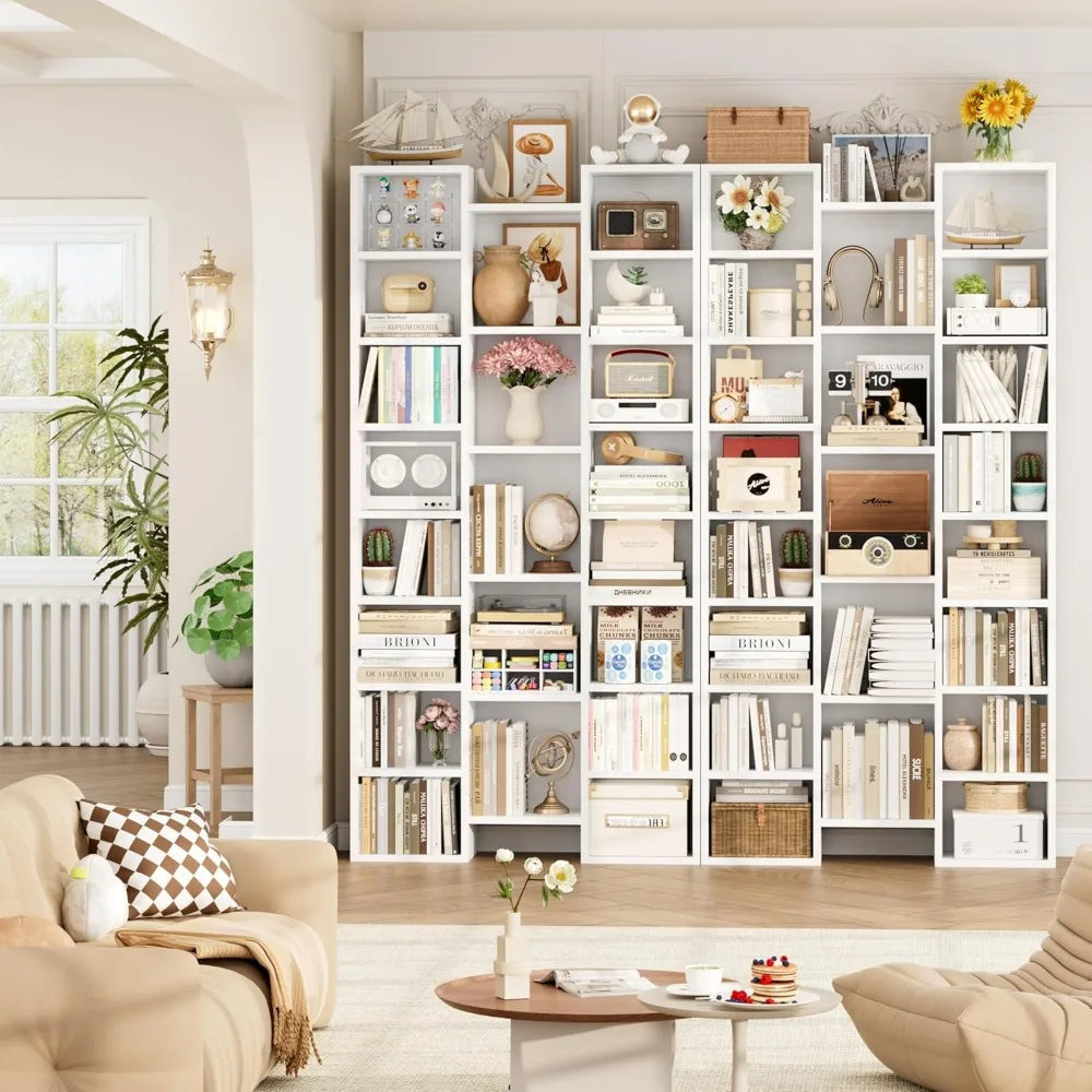 Triple Wide White Bookshelf with 8 Adjustable Shelves, Media CD DVD Storage Tower, Display Cabinet for Home Office