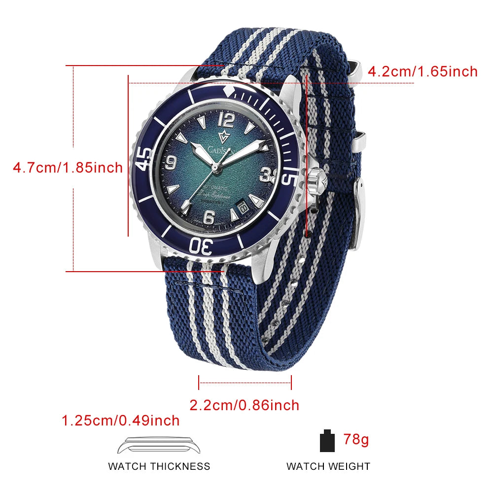 CADISEN Deep Explorer Automatic Mechanical Watch Man Canvas Strap Wristwatch MIYOTA 8215 Luxury Luminous 100M Waterproof Watches