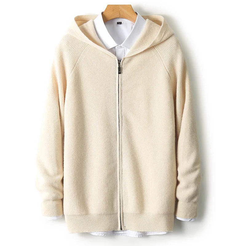 Men 100% Merino Wool Sweater Hooded Zipper Cardigan Autumn Winter Thickened Knit Large-size Jacket Long Sleeved Sportswear Coat