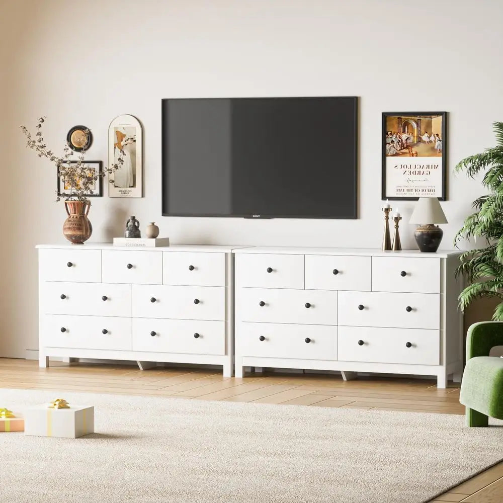 White Wooden Dresser with Metal Handles and Wide Drawers for Bedroom, Living Room, or Hallway Storage
