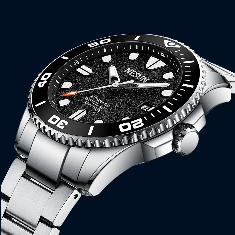 Nesun Men's mechanical watch, stainless steel automatic mechanical watch, waterproof luminous watch, men's business style wrist