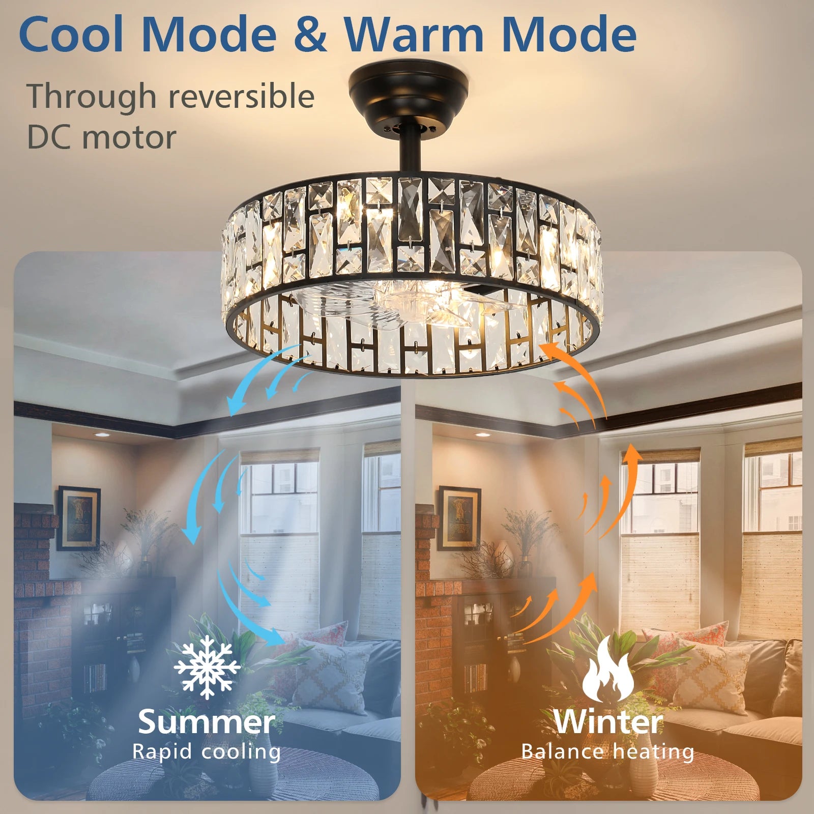 17.91" Modern Luxury Ceiling Fan Light With Semi-Recessed Installation, 6-Speed Remote Control, For Living Room, Hotel Lobby