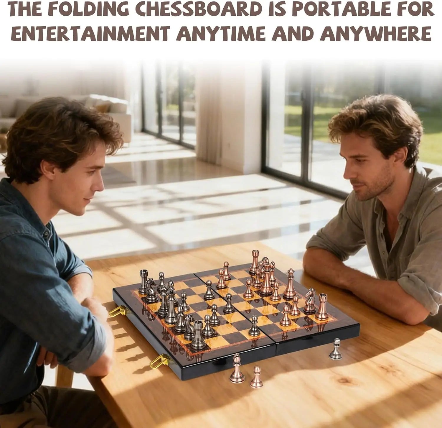 Luxury Metal Chess Set with 15' Wooden Board | Weighted Pieces | 2 Extra Queens | Tournament Style for Adults