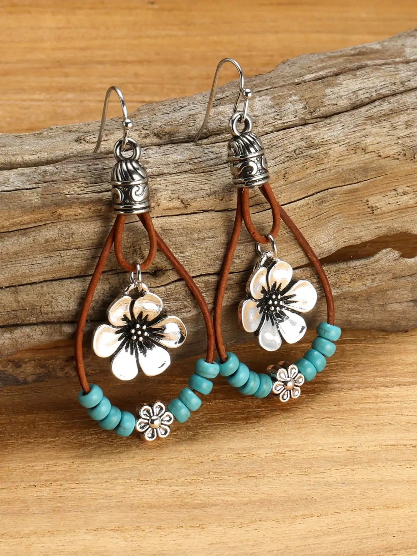 Bohemian Flower Dangle Earrings with Turquoise Beads & Leather Cord, Vintage Alloy Jewelry for Women
