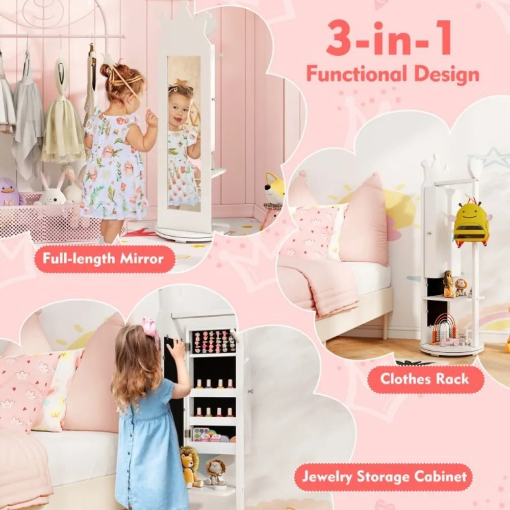 Full Length Mirror Kids Jewelry Cabinet Freestanding Toddler Armoire Swivel Base