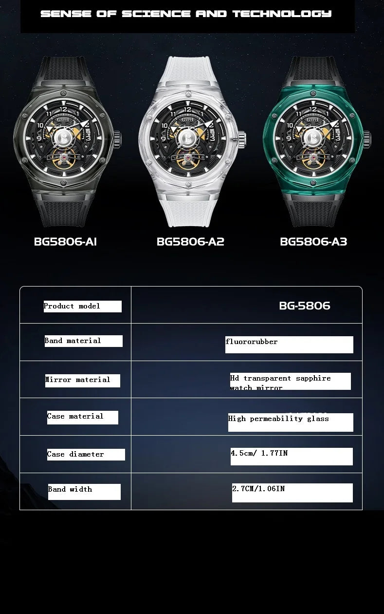 BONEST GATTI men's Watch, fully automatic mechanical watch, skeletonized business sports men's wristwatch with steel strap, Vale