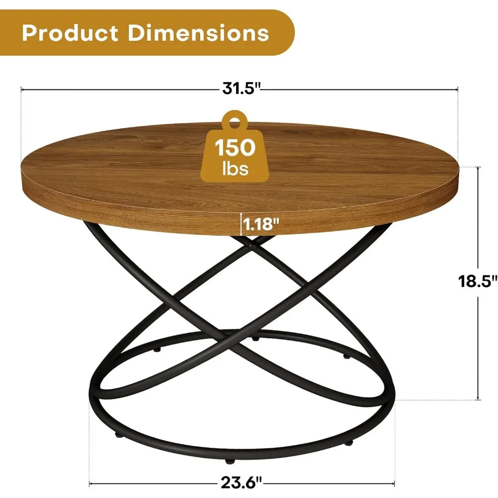 Mid Century Modern Style Round Coffee Table, 31.5 Wood Center with Metal Legs, Updated Furniture for Living Spaces
