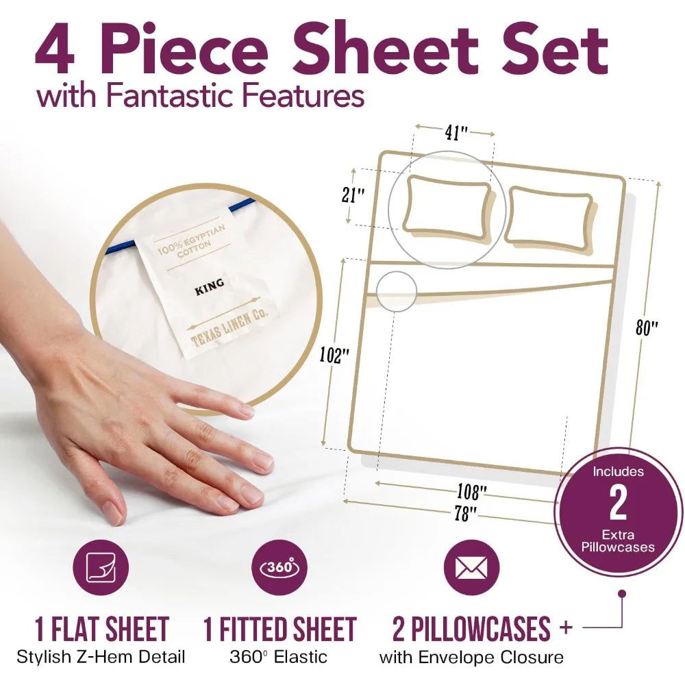 TEXAS LINEN CO. 100% Egyptian Cotton Sheets King Size Set - 1200 Thread Count Egyptian Cotton Luxury Sheets King Size, 17 Deep P