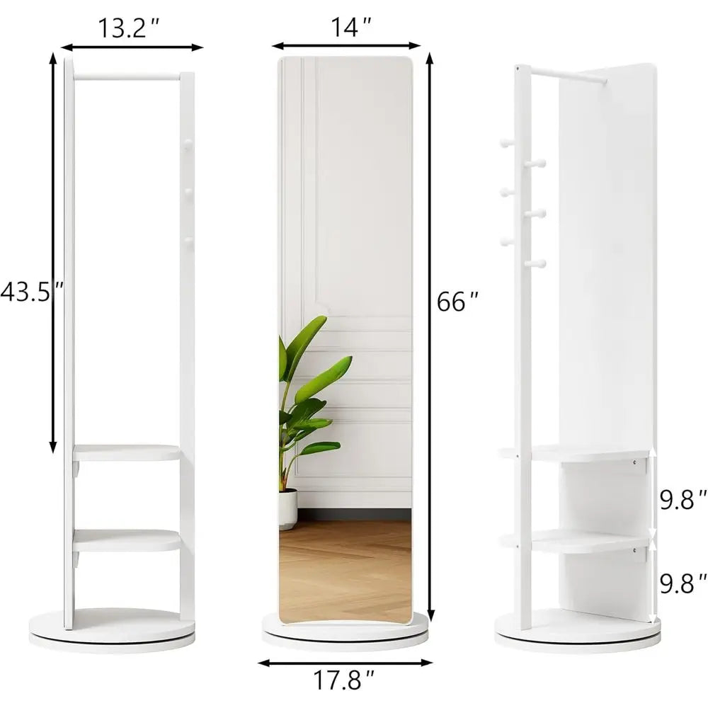 Full Length White Wooden Rotating Mirror Coat Rack with Storage Hanger and Shelves for Home
