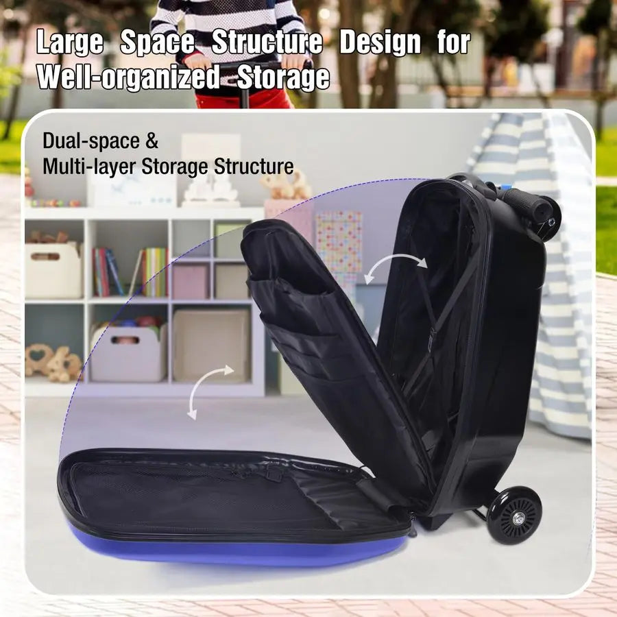 Kids Scooter Suitcase RideOn CarryOn 2in1 Lightweight Hardshell Luggage for Airplane Travel, Foldable Rolling Suitcase for Boys